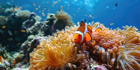 Fototapeta na wymiar A clown fish perched on top of a vibrant anemone. Great for marine life concepts
