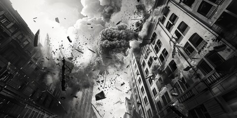 A dramatic black and white image of a building explosion. Suitable for news articles or emergency preparedness materials - obrazy, fototapety, plakaty