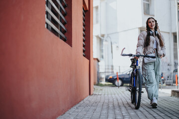 Casually dressed young woman walking and smiling with a bicycle in a city alley, exemplifying urban...