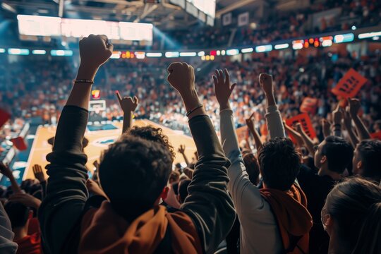 Basketball game from the perspective of the crowd, with fans cheering, waving banners, and showing support for their team