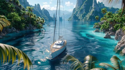 Hyper realistic close up of sailing on a yacht amidst nearby islands in ultra realism - obrazy, fototapety, plakaty