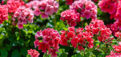 Pink flowers close up. Bouquet of red flowers. City flower beds, a beautiful and well-groomed garden with flowering bushes created with Generative AI technology