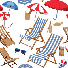 Different images of beach chairs, sun loungers, sun umbrellas, sand mats