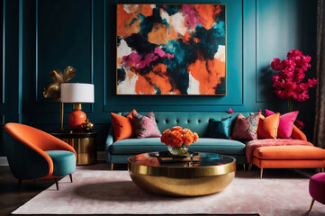 Luxuriöses Wohnzimmer mit modernen Akzenten und kühnen Farbkontrasten - obrazy, fototapety, plakaty