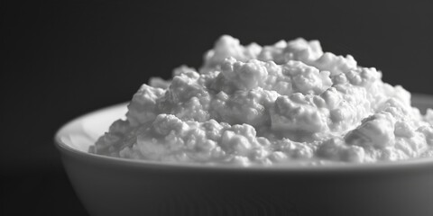 Bowl of cottage cheese on a table, suitable for food-related projects