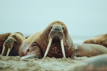 Group of walruses relaxing on sandy shore, suitable for wildlife publications - obrazy, fototapety, plakaty