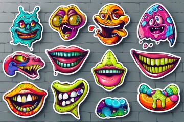 Colorful cartoon stickers adorning a brick wall. Perfect for adding a fun touch to any design project - obrazy, fototapety, plakaty