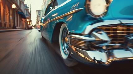 Fototapeta premium Vintage blue car driving through urban area. Suitable for automotive and cityscape themes