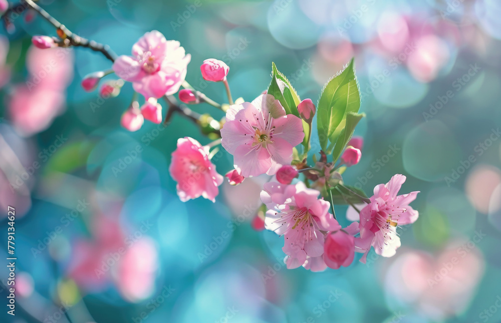 Poster a close up view of a pink flower on a tree. suitable for nature and botanical themes