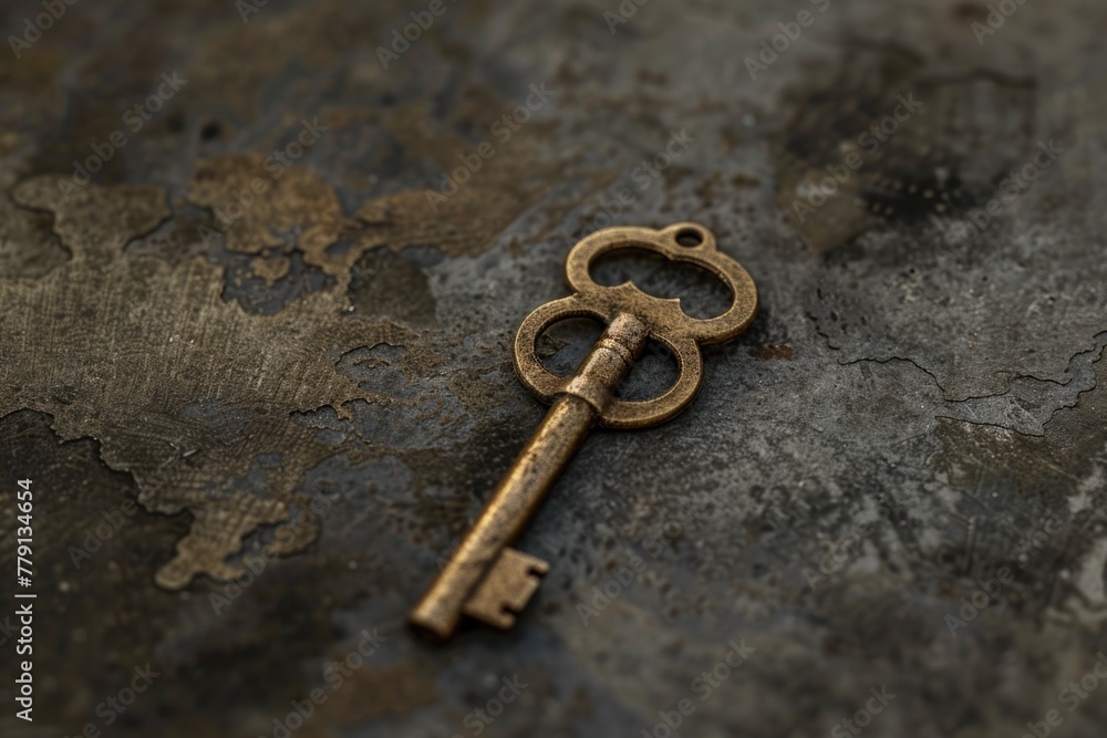 Poster Close up of a key on a table. Perfect for locksmith or security concepts