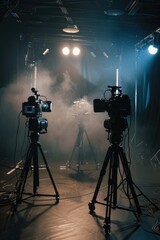 Two video cameras on a tripod in a dark room. Perfect for multimedia production - obrazy, fototapety, plakaty