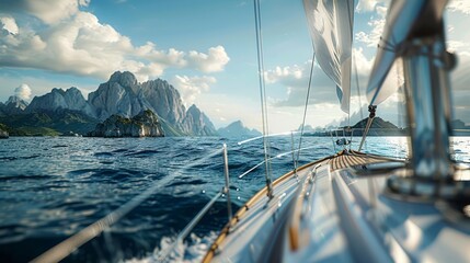 Hyper realistic close up of sailing on a yacht among nearby islands, ultra realism