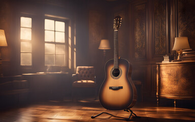 An acoustic guitar in the foreground, symbolizing music and passion, with a blurred cozy room with soft lighting in the background - obrazy, fototapety, plakaty