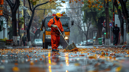 A man in an orange jumpsuit is sweeping leaves off the street. Generated by AI