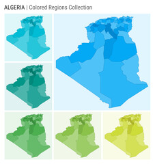Algeria map collection. Country shape with colored regions. Light Blue, Cyan, Teal, Green, Light Green, Lime color palettes. Border of Algeria with provinces for your infographic. Vector illustration.
