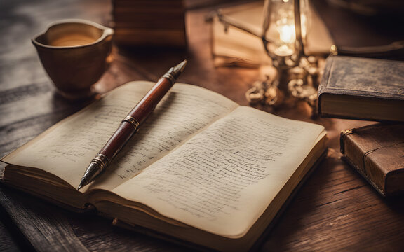 An open diary with a pen resting on it, symbolizing introspection and planning, with a blurred cozy study area in the background