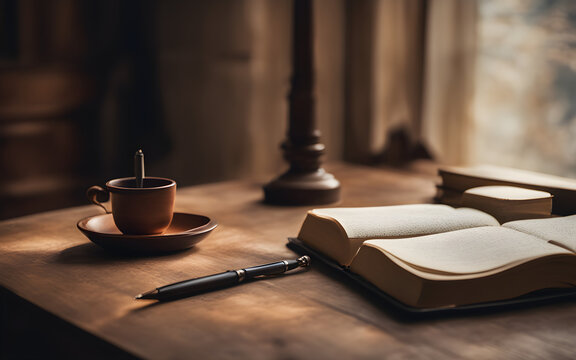 An open diary with a pen resting on it, symbolizing introspection and planning, with a blurred cozy study area in the background.