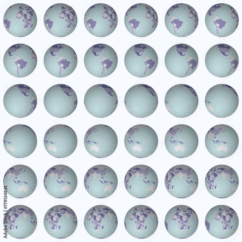 Poster collection of globes. normal sphere view. rotation step 10 degrees. colored countries style. world m