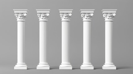 Four white pillars with decorative designs, suitable for architectural projects