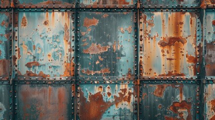 A weathered metal wall with visible rivets. Suitable for industrial backgrounds