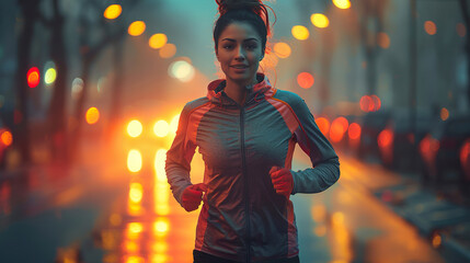 A woman is running in the rain with a hood over her head. Generated by AI