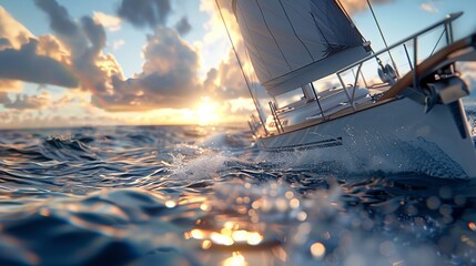 Hyper realistic close up of yacht sailing near picturesque islands in detailed image
