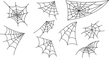Set of Spider web on transparent background. Collection Spiderweb net. Spooky Halloween cobweb with spiders. Outline vector illustration. scary, horror Halloween. Hand drawn