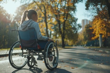 Fototapeta na wymiar Woman in Wheelchair on City Street