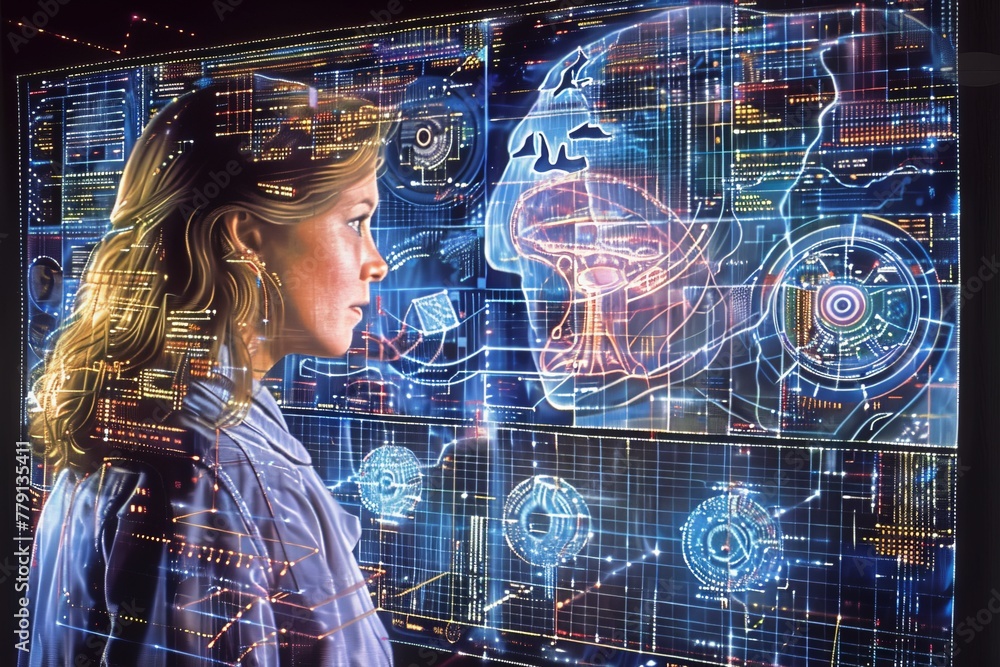 Poster a woman marvels at a mesmerizing display of cutting-edge futuristic technology, surrounded by cascad