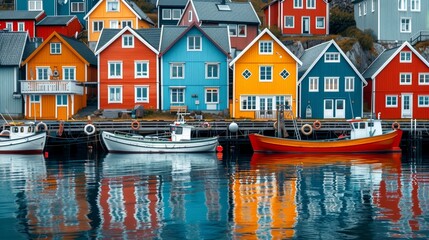 Vivid rainbow houses and fishing boats in crystal clear waters of lofoten islands - obrazy, fototapety, plakaty