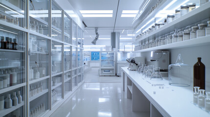 A state-of-the-art pharmaceutical formulation development laboratory with formulation scientists' workstations and tablet compression machines