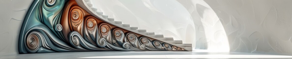 Banner with Artistic Fractal Staircase with Fluid Metallic Railings in Modern Space.