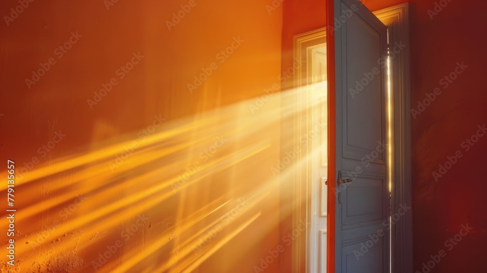 Poster A room with a door and light shining through, suitable for various concepts and designs