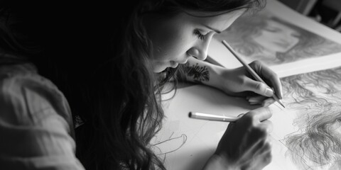 Obraz premium Woman sitting at table with pencil, suitable for office or education concept