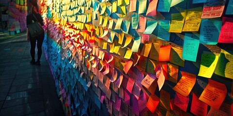 A wall covered in colorful post-it notes. Great for office or organization concepts - obrazy, fototapety, plakaty