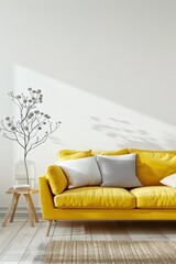 White wall interior living room featuring a striking yellow sofa and minimal decoration