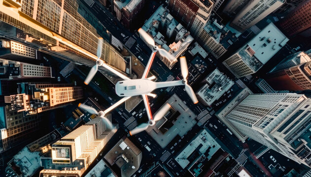 bird's eye view of a big drone in the city