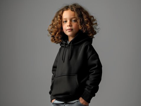kid modeling a plain black hoodie mockup full body shot 