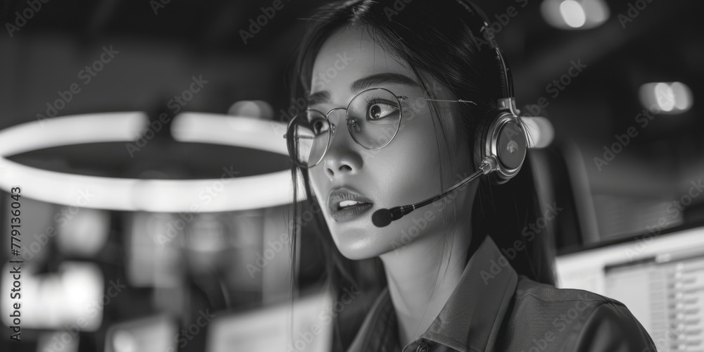 Aufkleber a woman wearing a headset while working on a computer. suitable for business or technology concepts