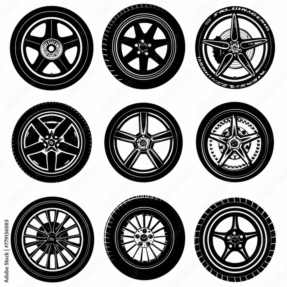 Poster A set of four different types of tires, suitable for various vehicles. Can be used for automotive industry concepts