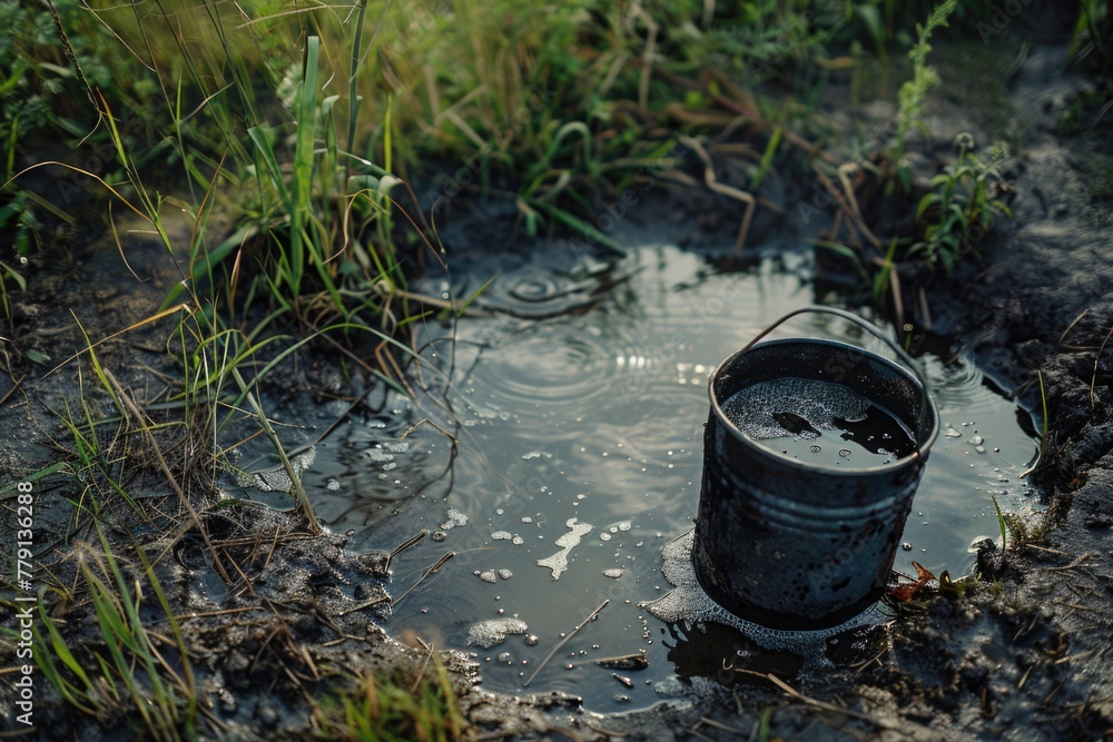 Poster a bucket sitting in a puddle of water. suitable for various water-related concepts