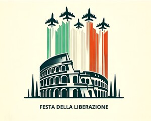 Illustration of air jets flying above colosseum for italy liberation day.