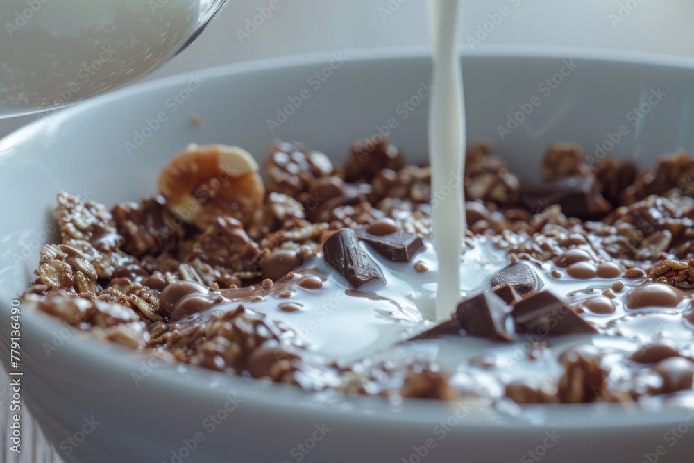 Poster Image of milk being poured into a bowl of cereal. Suitable for breakfast concept