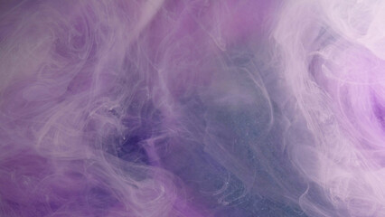 Color smoke mix. Ink water flow. Liquid galaxy. Purple white silk haze cloud fluid paint motion on dark blue glitter particles art abstract background. - 779136458