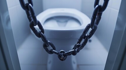 A toilet in a stall with a chain around it, suitable for use in articles about vandalism prevention - obrazy, fototapety, plakaty