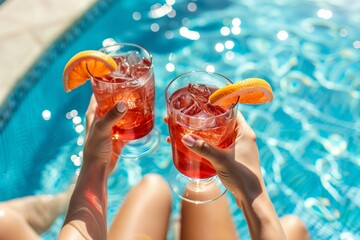 Women clinking glasses with cocktails at poolside