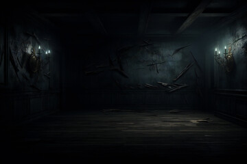 Dark abandoned living room interior with moody lighting, vintage furniture, and eerie atmosphere for horror or thriller concept

