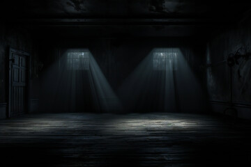 Dark abandoned living room interior with moody lighting, vintage furniture, and eerie atmosphere for horror or thriller concept

