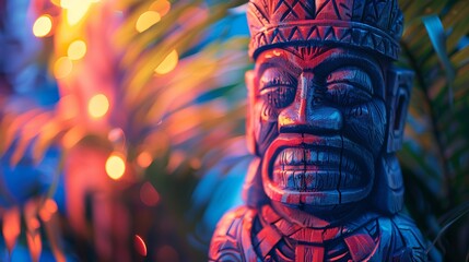 A detailed shot of a Hawaiian decoration, its vibrant colors and textures standing out against the soft, natural backdrop of an evening luau party. - obrazy, fototapety, plakaty