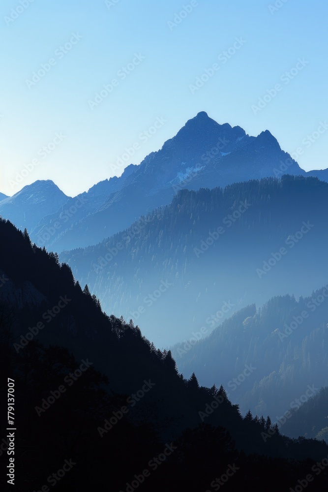 Poster a scenic view of a distant mountain range. perfect for travel or landscape concepts